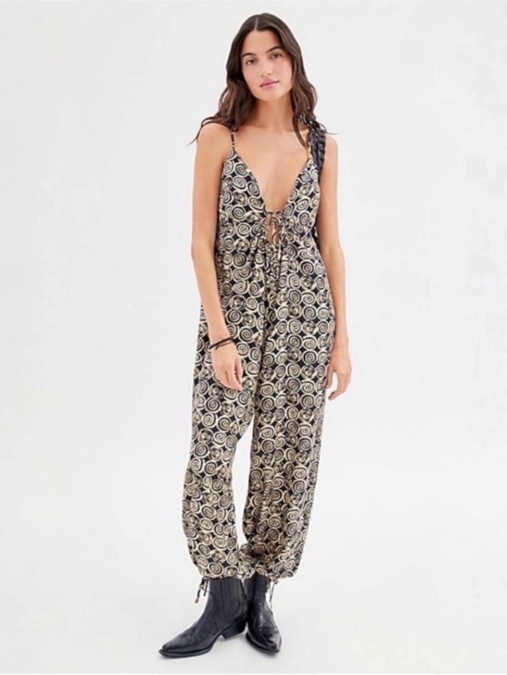 UO black cream swirl pattern sleeveless jumpsuit